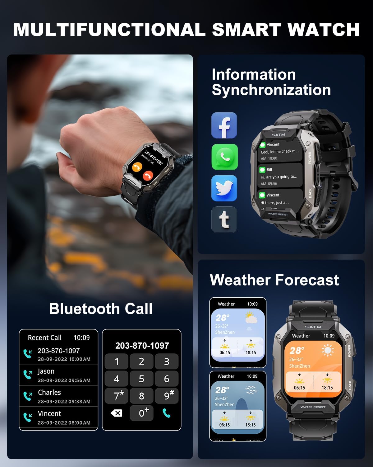 Military Smart Watches for Men IP68 Waterproof for Swimming, with Answer/Make Calls, 80 Days Extra-Long Battery Outdoor Tactical Smart Fitness Watch, Blood Pressure/Heart Rate Smartwatch for Android-2