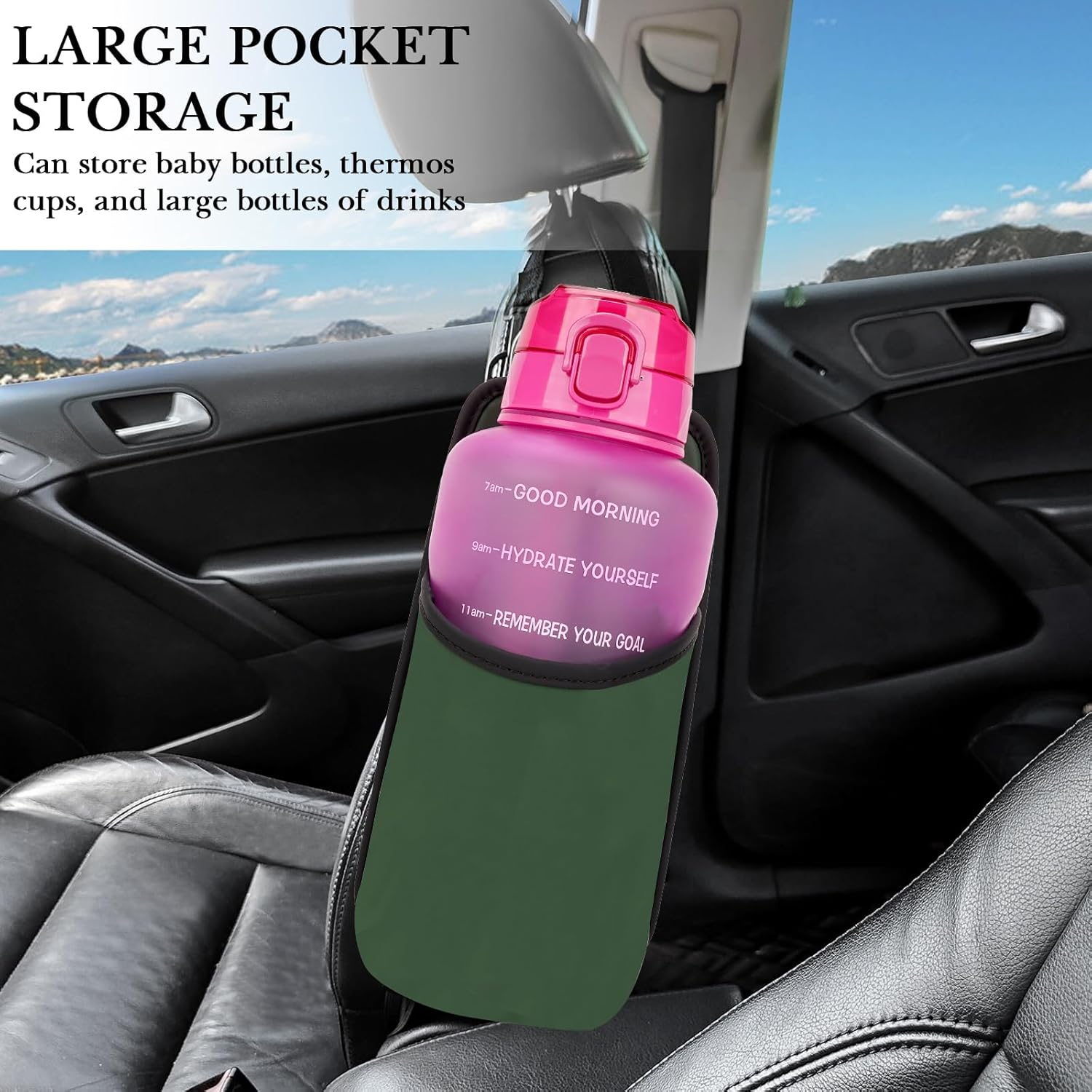 Linkidea Extra Large Car Seat Side Water Bottle Holder Compatible with Yeti Rambler Bottle 64oz, Hydro Flask 64oz, EYQ 64oz/128oz, Auto Seat Large Car Cup Hanging Bag with Mesh Pocket, Green-5