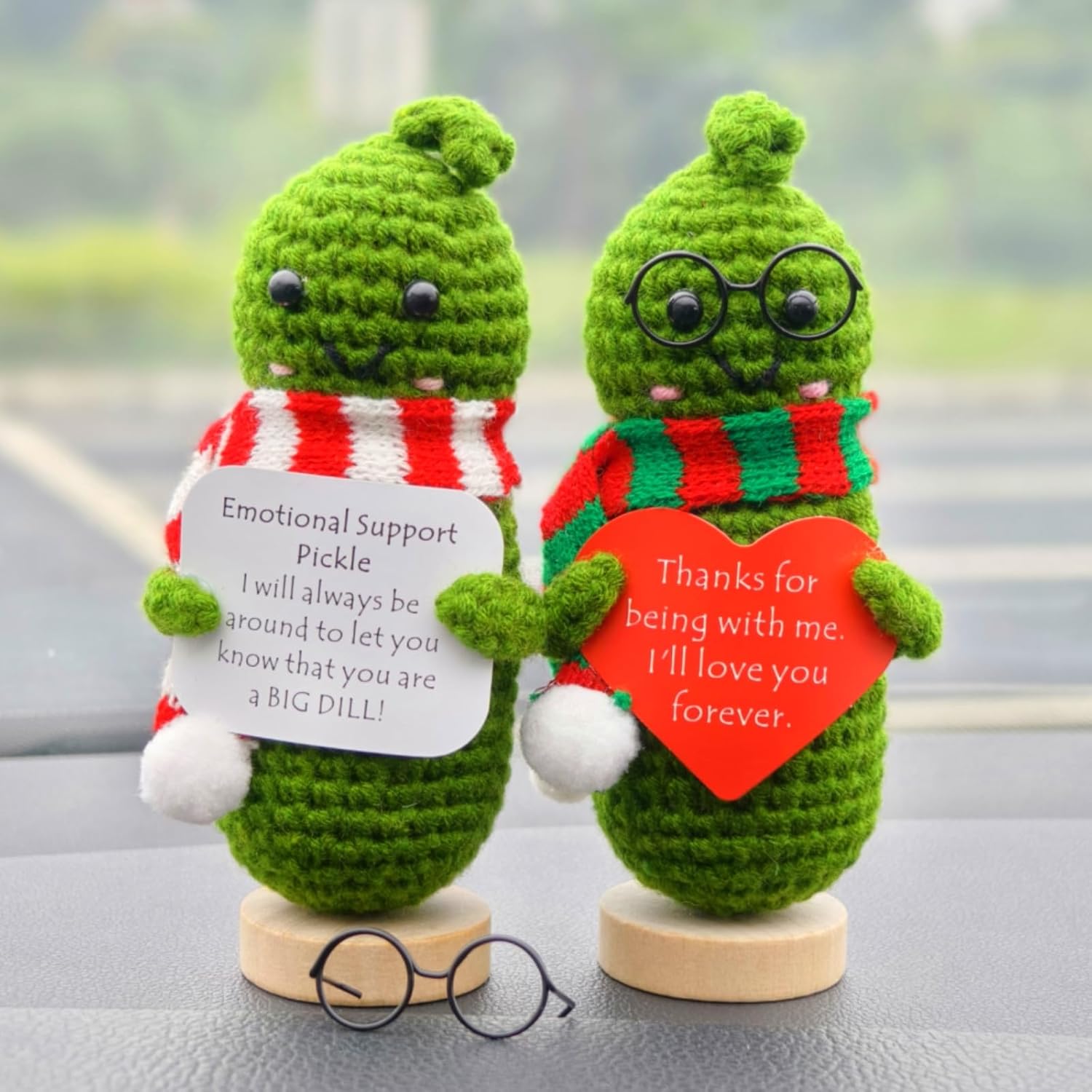 Handmade Emotional Support Positive Pickle Car Dashboard Decorations, Best Friend Coworker Birthday Gifts for Women (2 Doll)-1