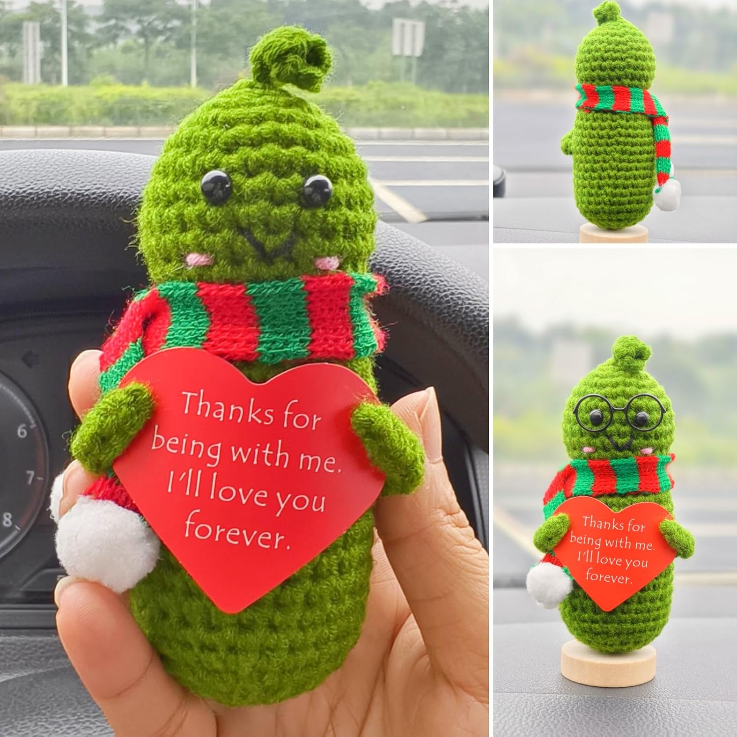 Handmade Emotional Support Positive Pickle Car Dashboard Decorations, Best Friend Coworker Birthday Gifts for Women (2 Doll)-3