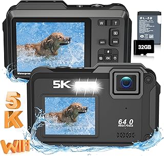 Underwater Camera 5K 64MP 16FT Waterproof Digital Camera with WiFi Connection 16X Digital Zoom IPS Dual-Screen(2.8"/2") Selfie Waterproof Camera for Snorkeling with 32GB Card Black