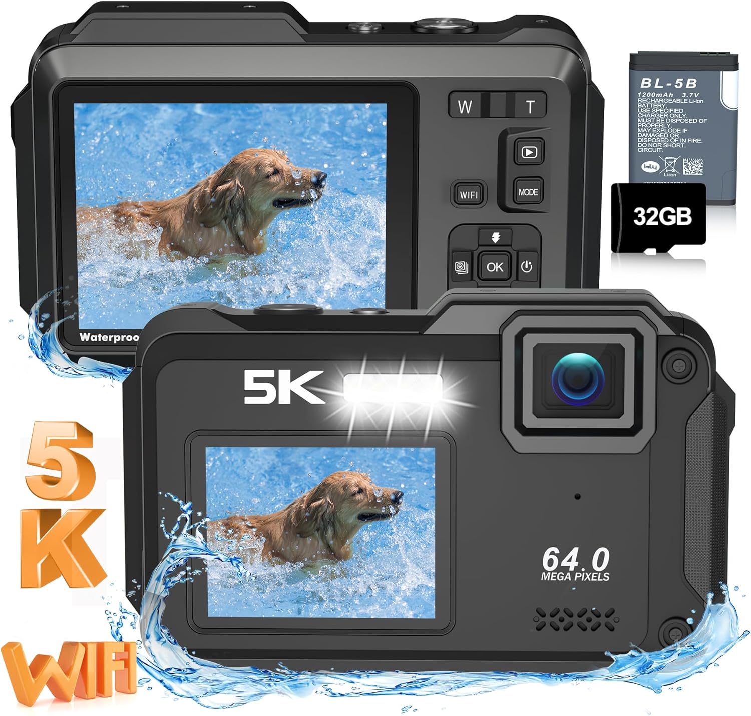 Underwater Camera 5K 64MP 16FT Waterproof Digital Camera with WiFi Connection 16X Digital Zoom IPS Dual-Screen(2.8"/2") Selfie Waterproof Camera for Snorkeling with 32GB Card Black-0