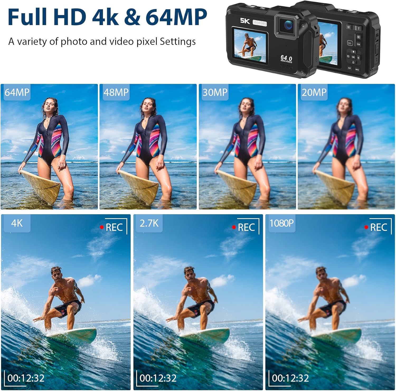 Underwater Camera 5K 64MP 16FT Waterproof Digital Camera with WiFi Connection 16X Digital Zoom IPS Dual-Screen(2.8"/2") Selfie Waterproof Camera for Snorkeling with 32GB Card Black-1