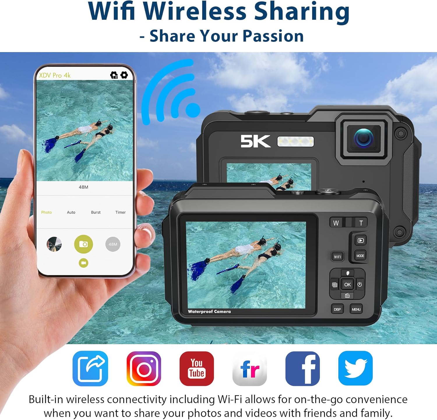 Underwater Camera 5K 64MP 16FT Waterproof Digital Camera with WiFi Connection 16X Digital Zoom IPS Dual-Screen(2.8"/2") Selfie Waterproof Camera for Snorkeling with 32GB Card Black-2