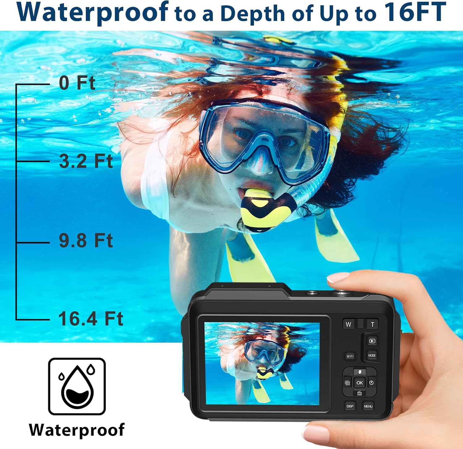 Underwater Camera 5K 64MP 16FT Waterproof Digital Camera with WiFi Connection 16X Digital Zoom IPS Dual-Screen(2.8"/2") Selfie Waterproof Camera for Snorkeling with 32GB Card Black-6