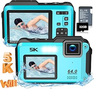 Underwater Camera 5K 64MP 16FT Waterproof Digital Camera with WiFi Connection 16X Digital Zoom IPS Dual-Screen(2.8"/2") Selfie Waterproof Camera for Snorkeling with 32GB Card Blue