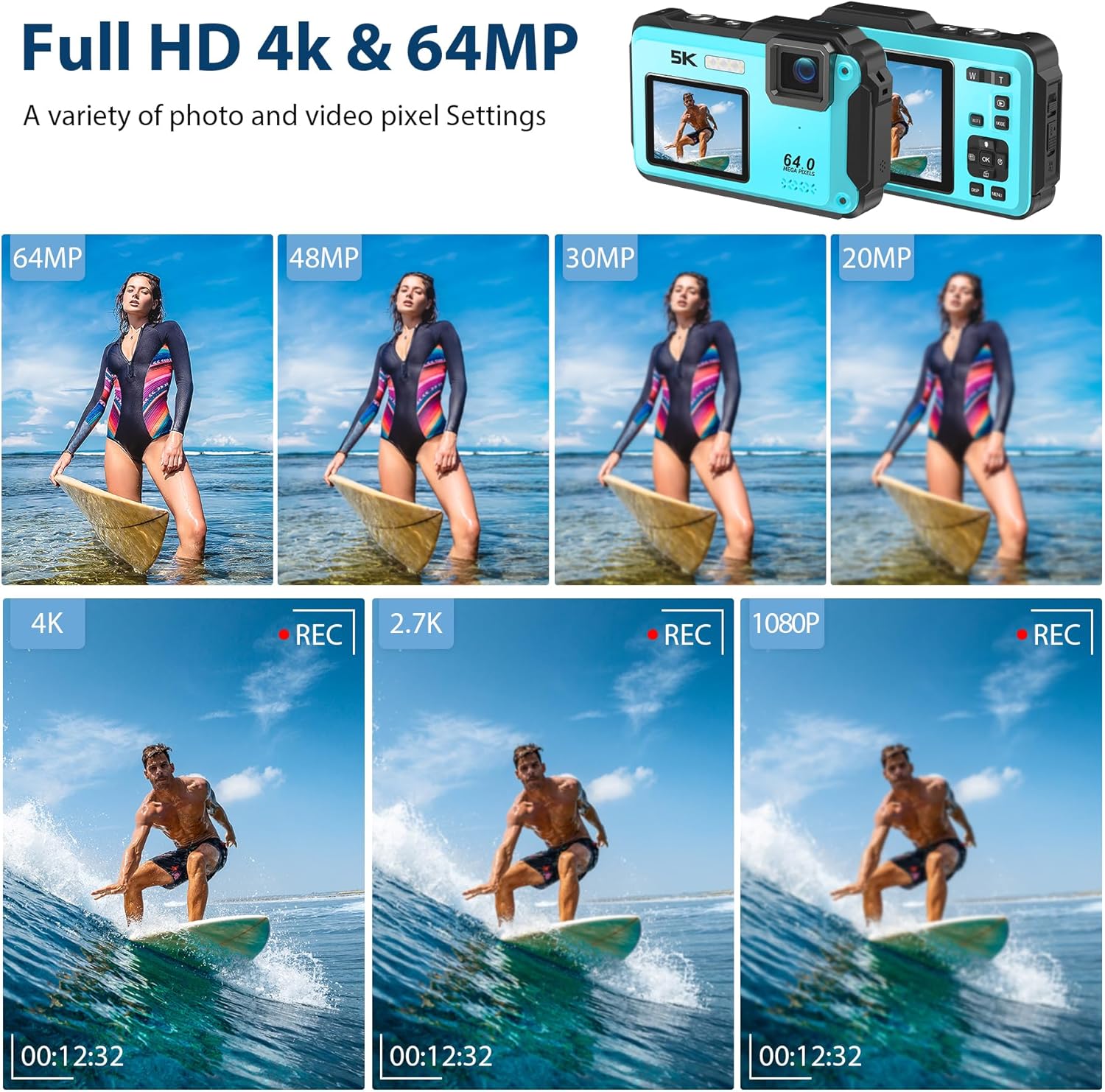 Underwater Camera 5K 64MP 16FT Waterproof Digital Camera with WiFi Connection 16X Digital Zoom IPS Dual-Screen(2.8"/2") Selfie Waterproof Camera for Snorkeling with 32GB Card Blue-1