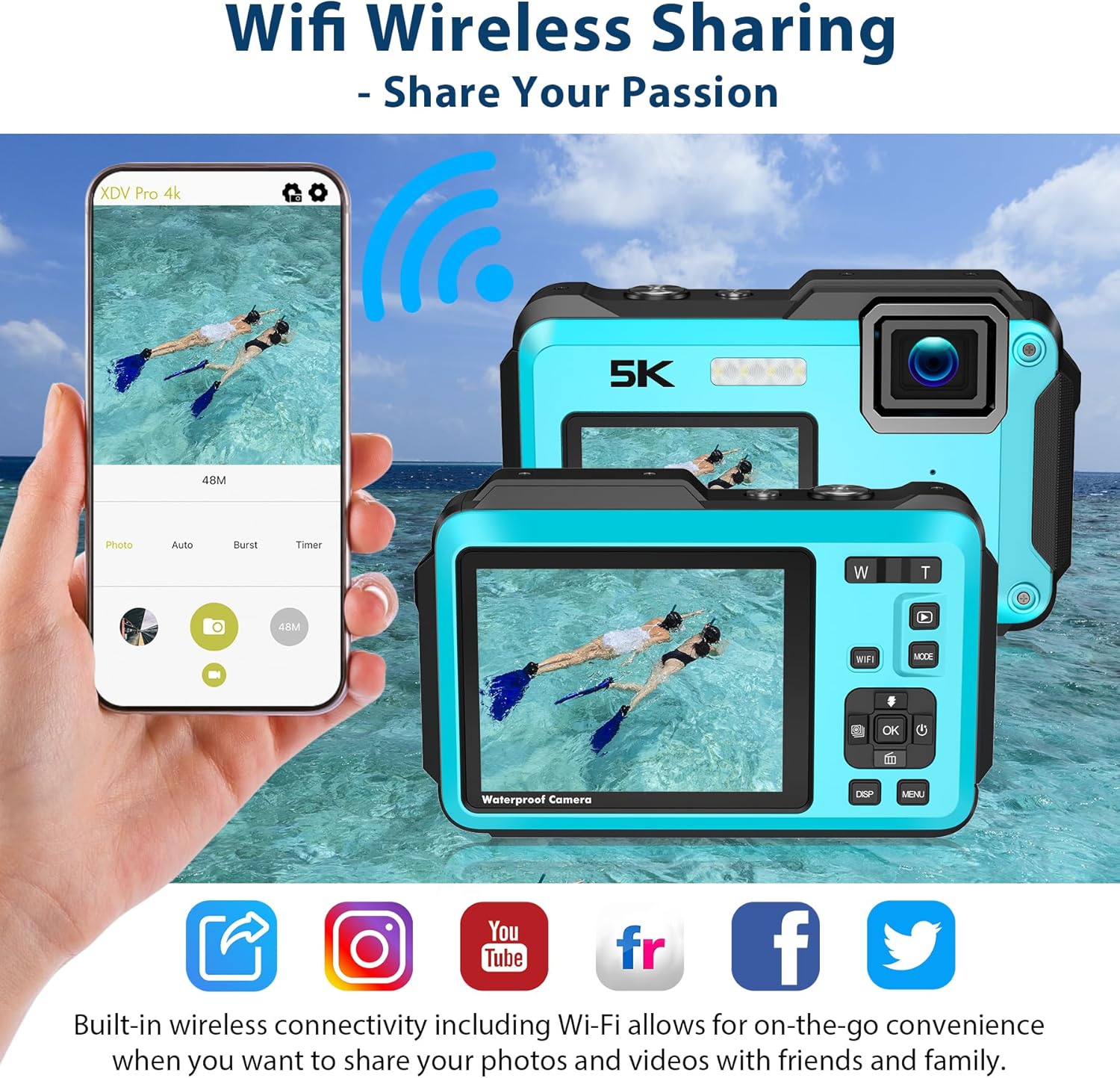 Underwater Camera 5K 64MP 16FT Waterproof Digital Camera with WiFi Connection 16X Digital Zoom IPS Dual-Screen(2.8"/2") Selfie Waterproof Camera for Snorkeling with 32GB Card Blue-2