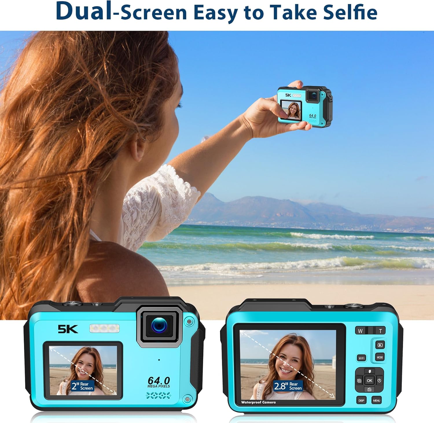 Underwater Camera 5K 64MP 16FT Waterproof Digital Camera with WiFi Connection 16X Digital Zoom IPS Dual-Screen(2.8"/2") Selfie Waterproof Camera for Snorkeling with 32GB Card Blue-4