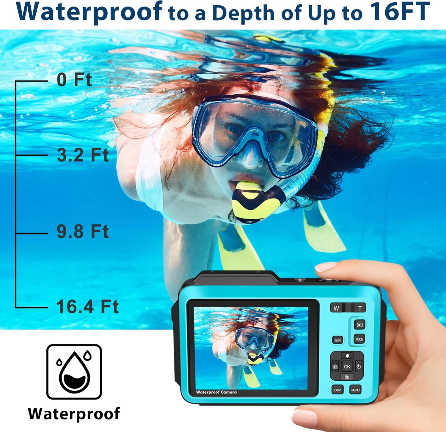 Underwater Camera 5K 64MP 16FT Waterproof Digital Camera with WiFi Connection 16X Digital Zoom IPS Dual-Screen(2.8"/2") Selfie Waterproof Camera for Snorkeling with 32GB Card Blue-6