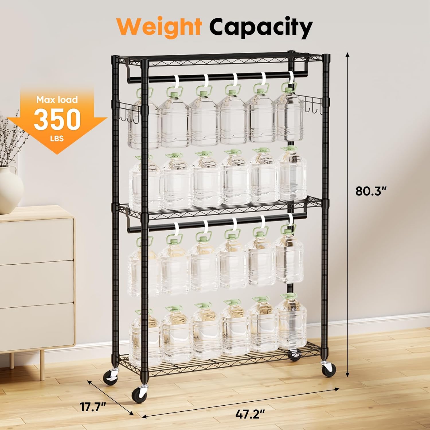 Sweetcrispy Rolling Clothes Rack, Heavy Duty Garment Racks 3 Tiers Portable Adjustable Wire Shelves with Wheels, Hanging Rods & Side Hooks Metal Freestanding Clothing Wardrobe Closet - Black-2