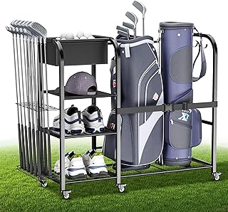 Golf Bag Storage Garage Organizer - Large Golf Bag Organizer Fits 2 Golf Bags and Golf Equipment Accessories - Golf Club Golf Bag Stand Golf Storage Rack with Wheels in Club Garage Basement Shed.