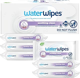 WaterWipes Soothing Clean Baby Wipes, 99% Water-Based Formula with Botanical Extract to Soothe & Protect Skin, Unscented & Hypoallergenic, 360 Count (6 Packs)