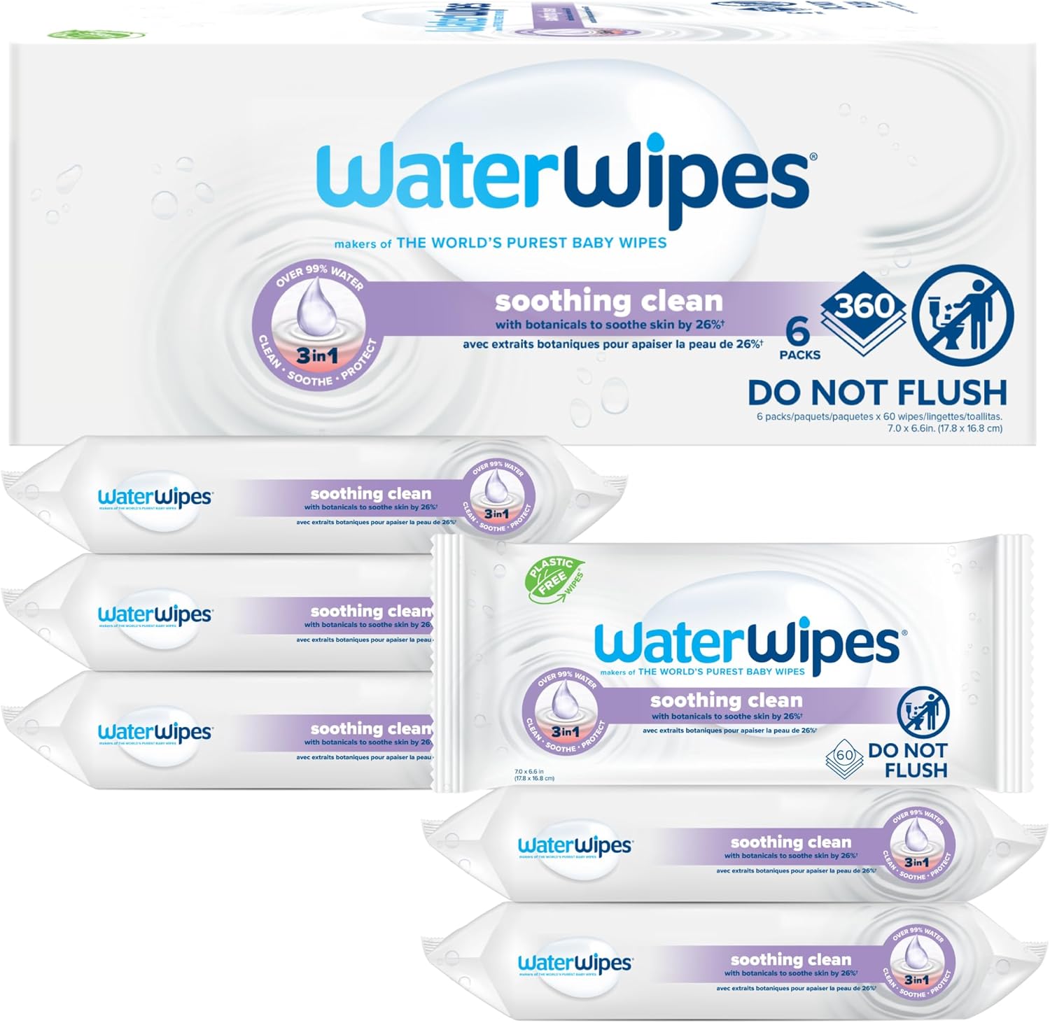 WaterWipes Soothing Clean Baby Wipes, 99% Water-Based Formula with Botanical Extract to Soothe & Protect Skin, Unscented & Hypoallergenic, 360 Count (6 Packs)-0