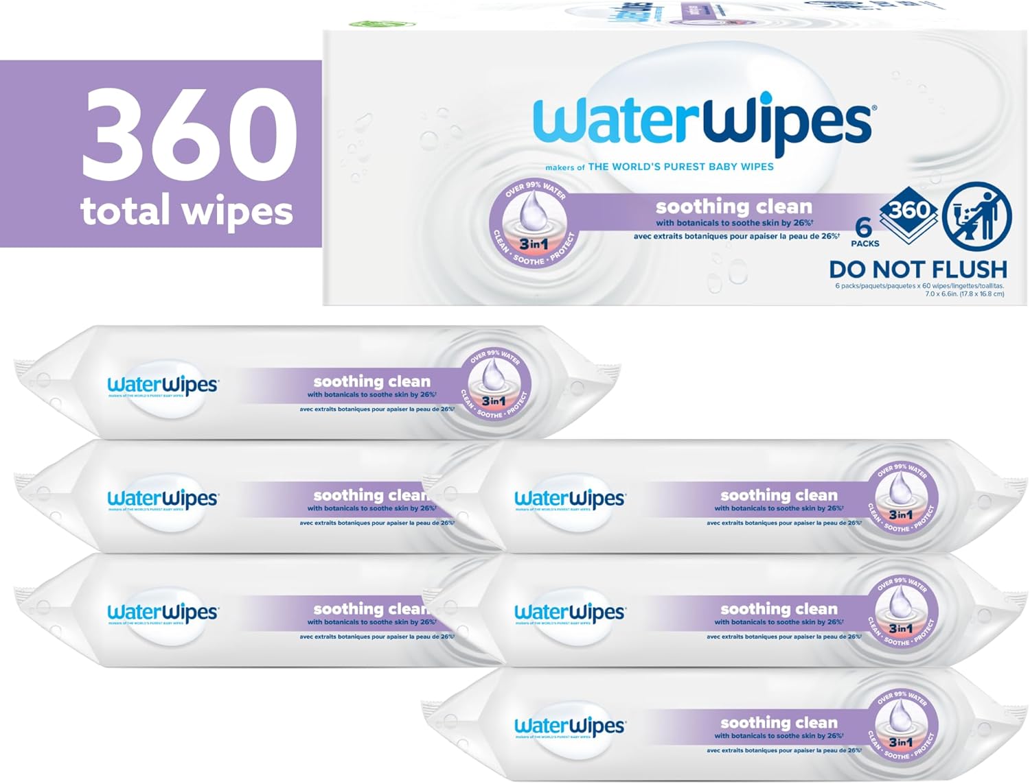 WaterWipes Soothing Clean Baby Wipes, 99% Water-Based Formula with Botanical Extract to Soothe & Protect Skin, Unscented & Hypoallergenic, 360 Count (6 Packs)-1