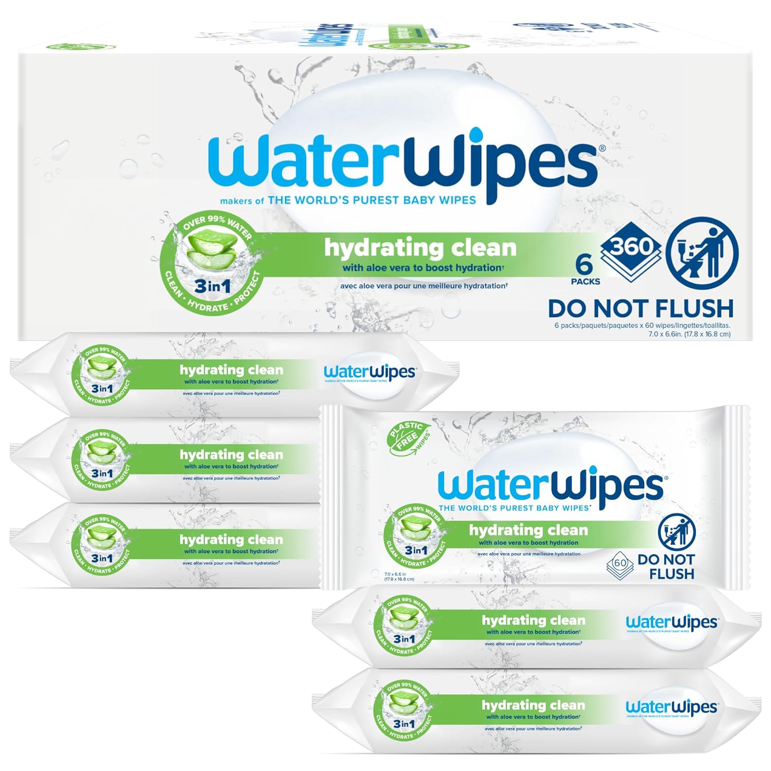 WaterWipes Hydrating Clean Baby Wipes, 99% Water-Based Formula with Aloe Vera to Hydrate & Clean Skin, Unscented & Hypoallergenic, 360 Count (6 Packs)-0