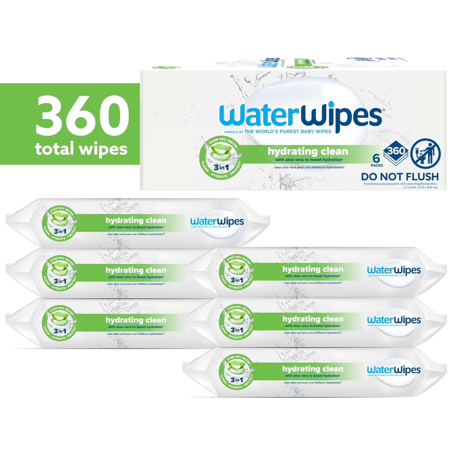 WaterWipes Hydrating Clean Baby Wipes, 99% Water-Based Formula with Aloe Vera to Hydrate & Clean Skin, Unscented & Hypoallergenic, 360 Count (6 Packs)-1