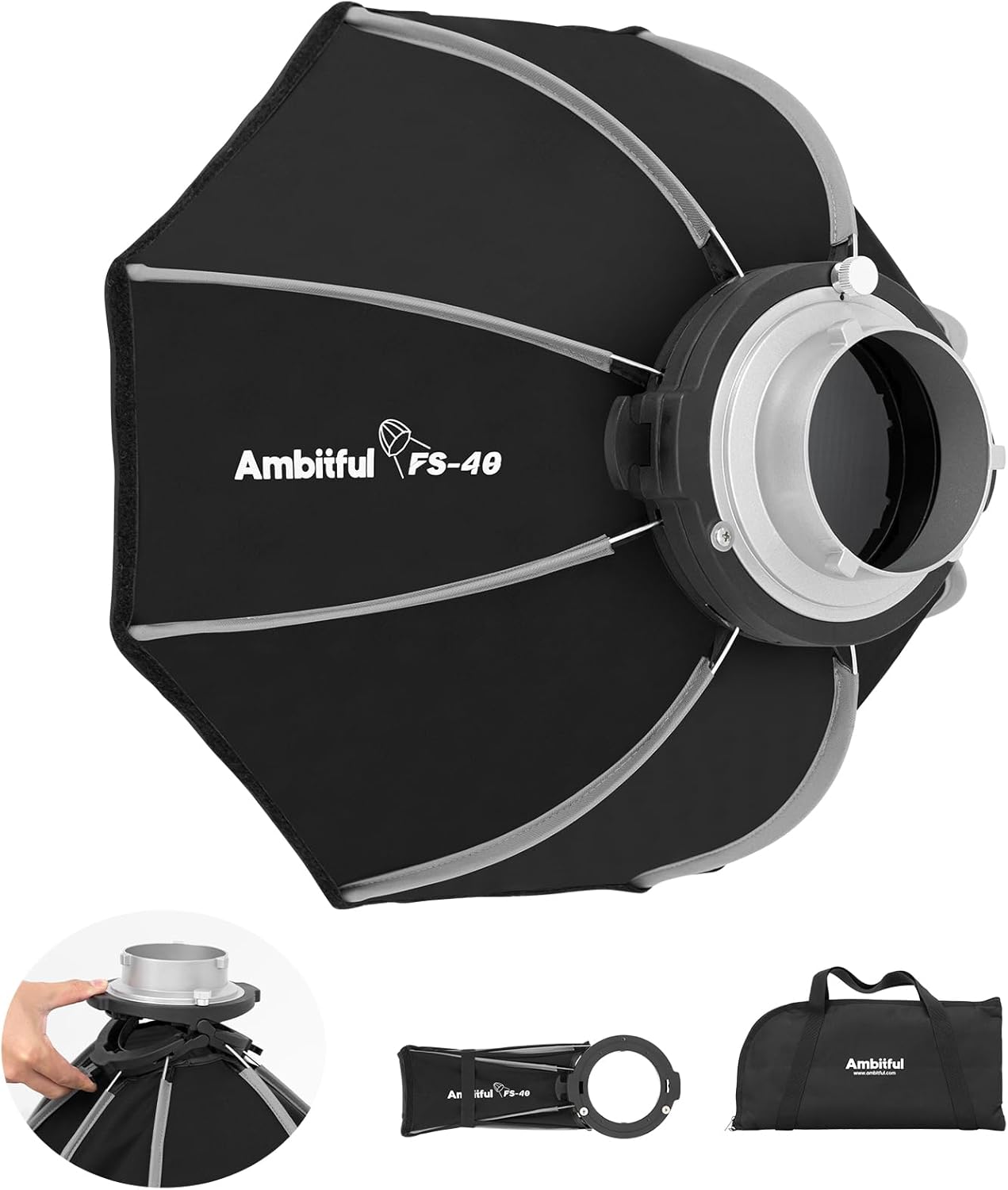 AMBITFUL 15.7''/40cm Mini Octagonal Softbox, Quick Release Bowens Mount Softbox with Honeycomb Grid, One-Piece Soft Diffusers Compatible with Godox Aputure Neewer Video Studio Light-0