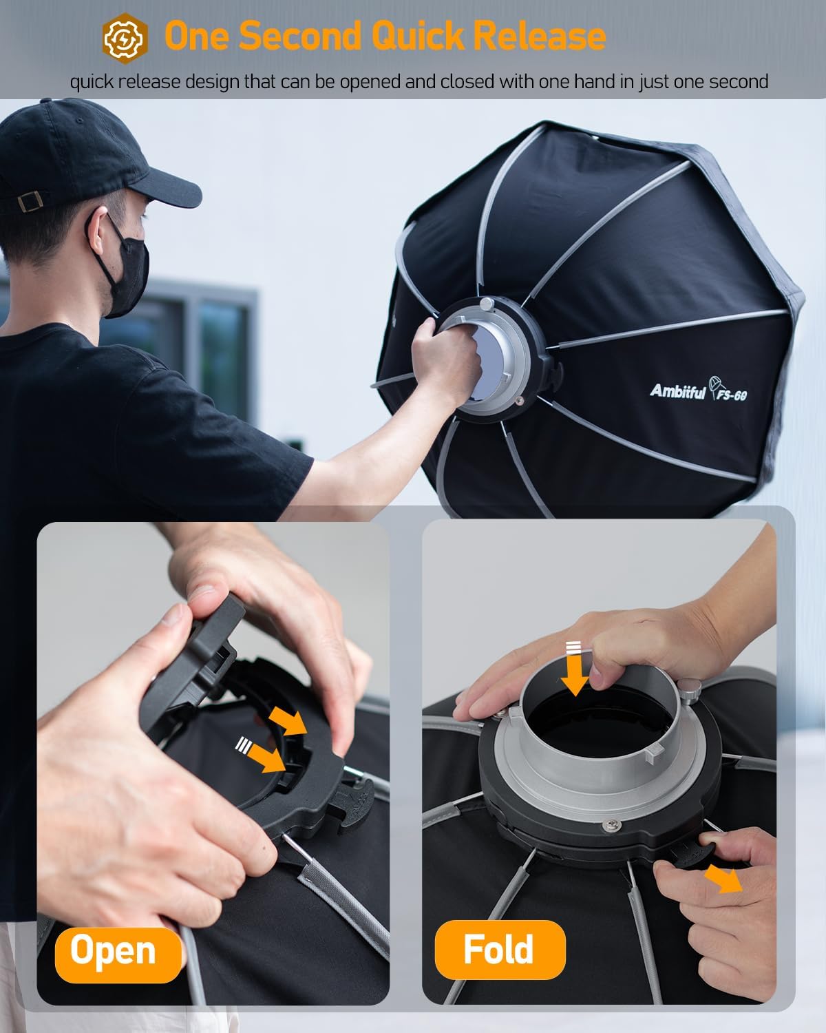 AMBITFUL 15.7''/40cm Mini Octagonal Softbox, Quick Release Bowens Mount Softbox with Honeycomb Grid, One-Piece Soft Diffusers Compatible with Godox Aputure Neewer Video Studio Light-1