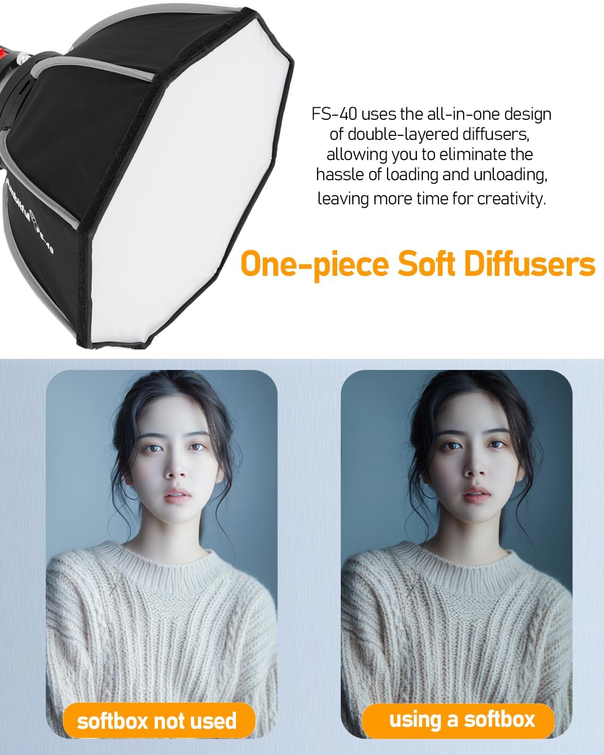 AMBITFUL 15.7''/40cm Mini Octagonal Softbox, Quick Release Bowens Mount Softbox with Honeycomb Grid, One-Piece Soft Diffusers Compatible with Godox Aputure Neewer Video Studio Light-2