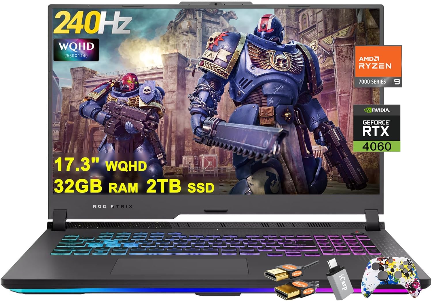 ASUS ROG Strix G17 G713 Gaming Laptop 17.3" WQHD IPS 240Hz AMD 12-Core Ryzen 9 7845HX (>i9-12900H) 32GB RAM 2TB SSD GeForce RTX 4060 8GB USB-C RGB Backlit Fast Charging Win11 w/ICP Accessory-0