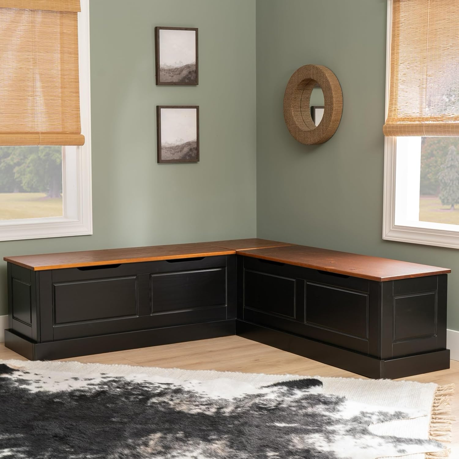 Linon Harris Black and Walnut Backless Kitchen Dining Nook with Hidden Storage Bench Space-2