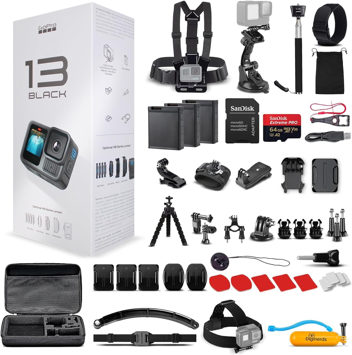 GoPro HERO13 (Hero 13) Black - with 50 Piece Accessory Kit and 2 Extra Batteries + 64GB Card - Waterproof Action Camera - 5.3K HDR, 27MP Photos, 1/1.9" Sensor, Live Streaming, Webcam, Stabilization-0