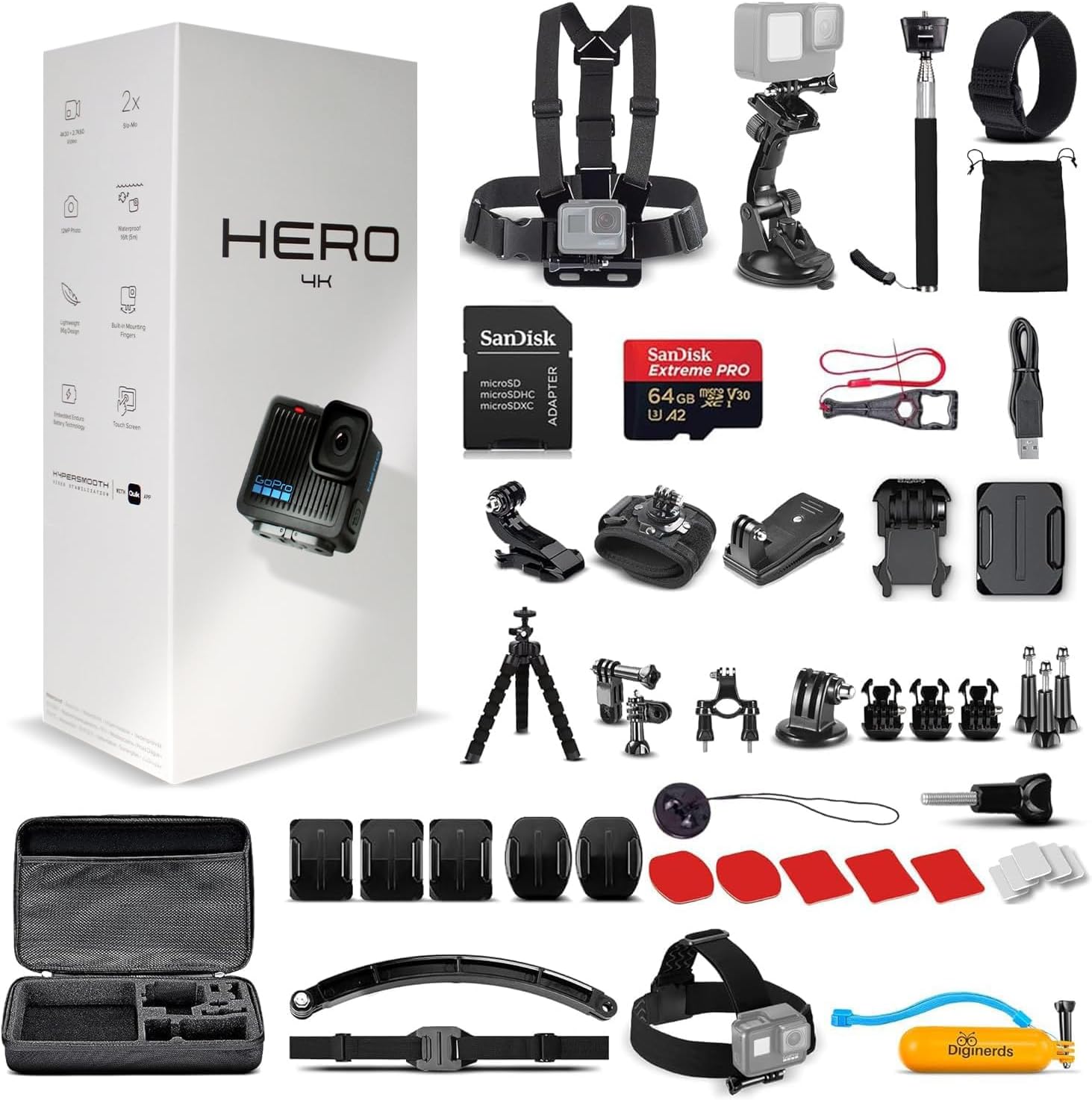 GoPro Hero (Go Pro Hero) Black Compact - Waterproof Action Camera with 4K Ultra HD Video, 12MP Photos, Stabilization + 50-in-1 Accessory Kit + 64GB Card + More-0