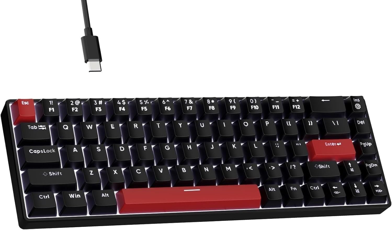 FFJ Portable 60% Mechanical Gaming Keyboard, Anti-ghostin, White LED Backlight, Compact 68 Keys Mini Wired Keyboard with Linear Red Switch for Windows Laptop PC Mac Gamer - Black-0