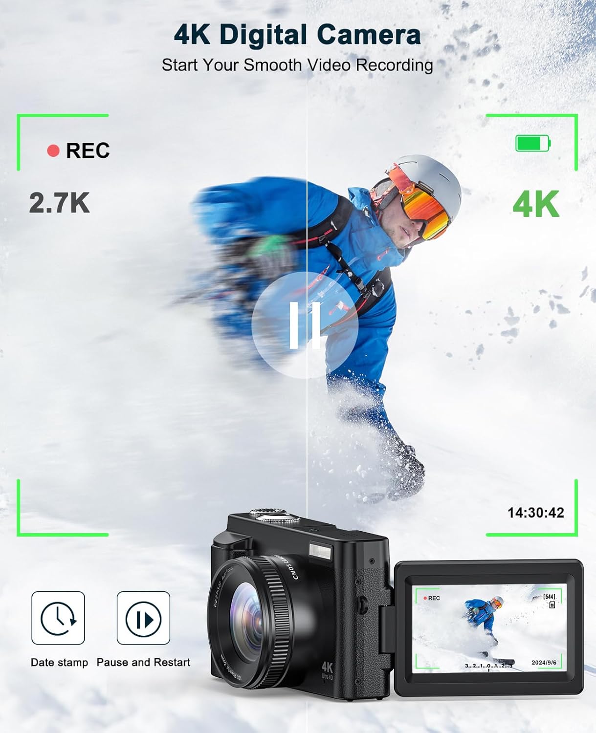 4K Digital Camera for Photography and Video, Autofocus Anti-Shake 48MP Vlogging Camera for YouTube, 3'' 180°Flip Screen Camera with Flash 16X Zoom, Digital Camera with 32GB Card Battery Charger Black-1