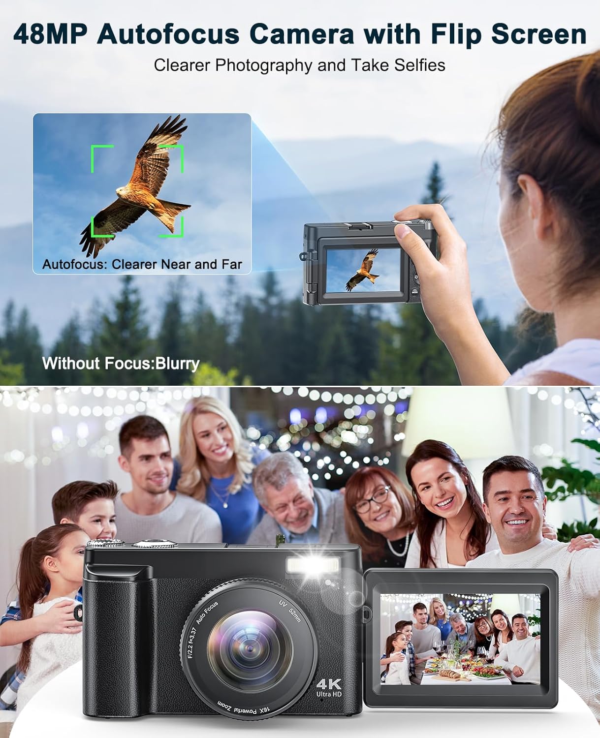 4K Digital Camera for Photography and Video, Autofocus Anti-Shake 48MP Vlogging Camera for YouTube, 3'' 180°Flip Screen Camera with Flash 16X Zoom, Digital Camera with 32GB Card Battery Charger Black-2