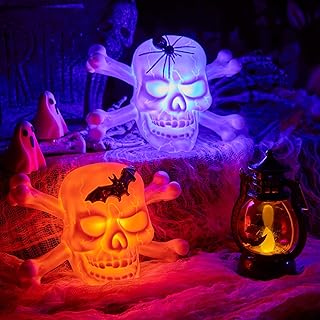 Minetom Minetom 2 Pack LED Halloween Decoration Skull with Bats & Spider on Face, Color Changing 3D Lighted Skull for Home Indoor Outdoor Decoration