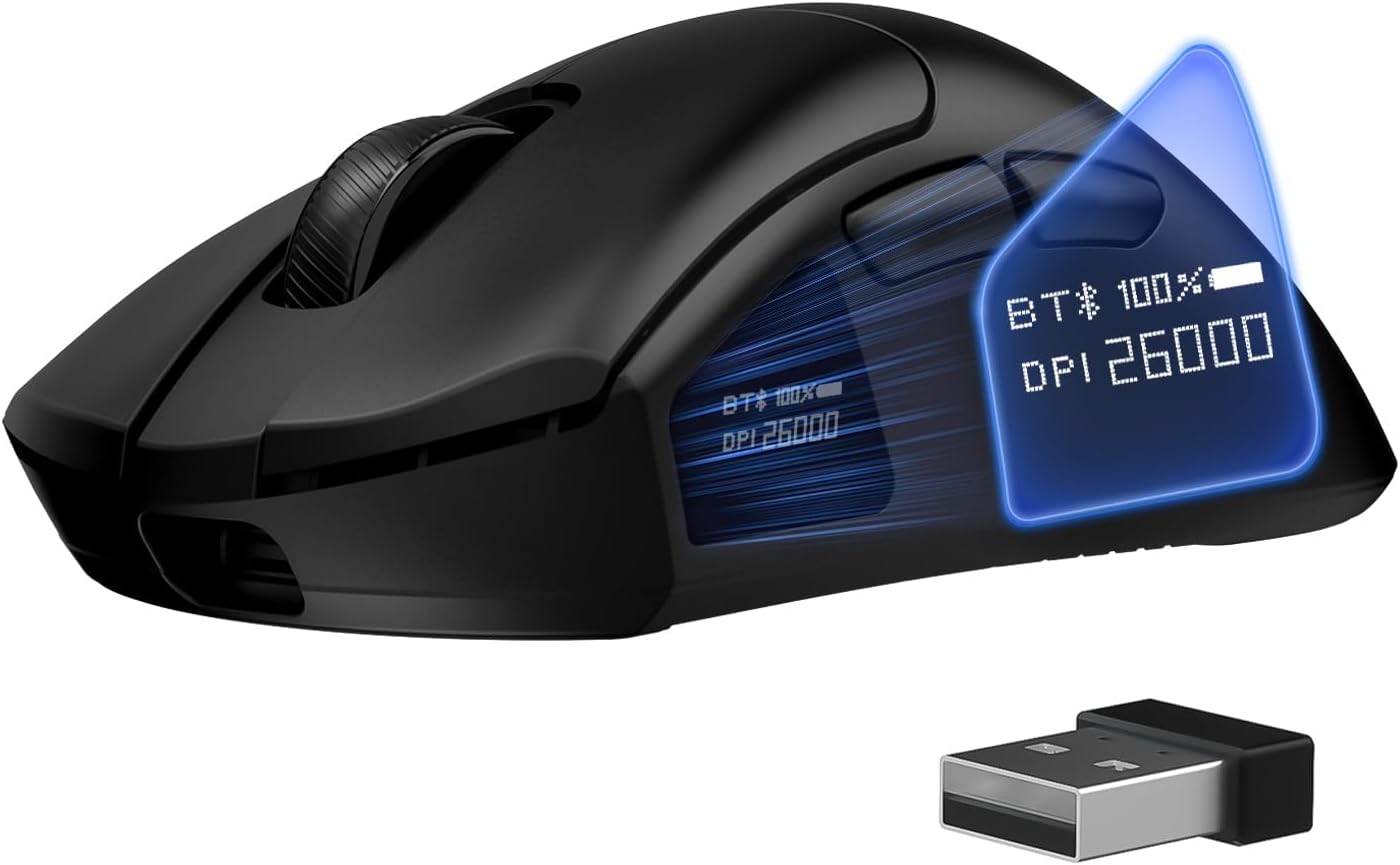 FFJ Wireless Gaming Mouse - 26000 DPI, Ultra-Lightweight Mouse Gaming with Screen Display, 3 Modes (2.4GHz/Bluetooth/Wired), 6 Programmable Buttons, Compatible with Mac, Laptop, PC (Black)-0