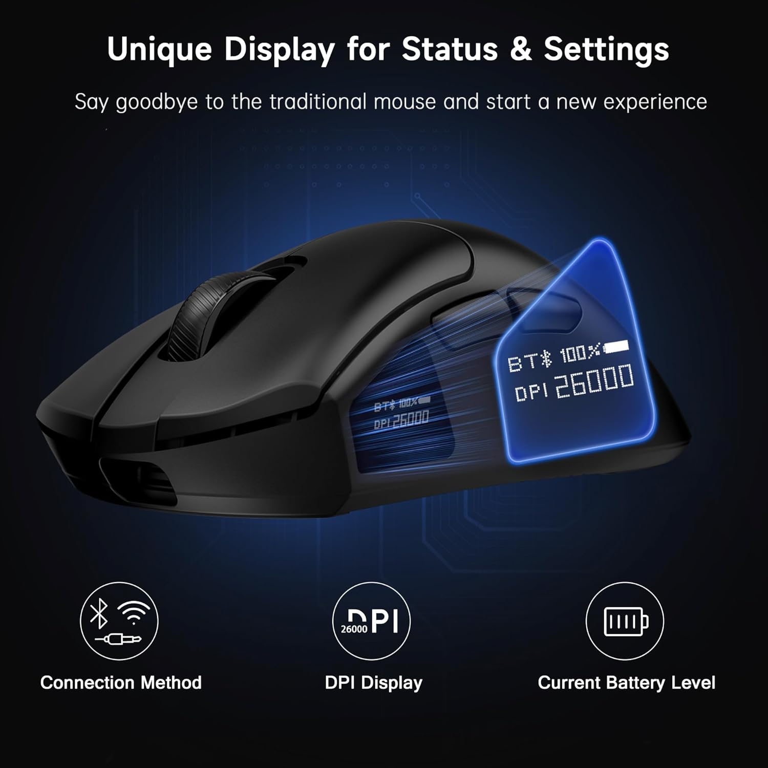 FFJ Wireless Gaming Mouse - 26000 DPI, Ultra-Lightweight Mouse Gaming with Screen Display, 3 Modes (2.4GHz/Bluetooth/Wired), 6 Programmable Buttons, Compatible with Mac, Laptop, PC (Black)-1