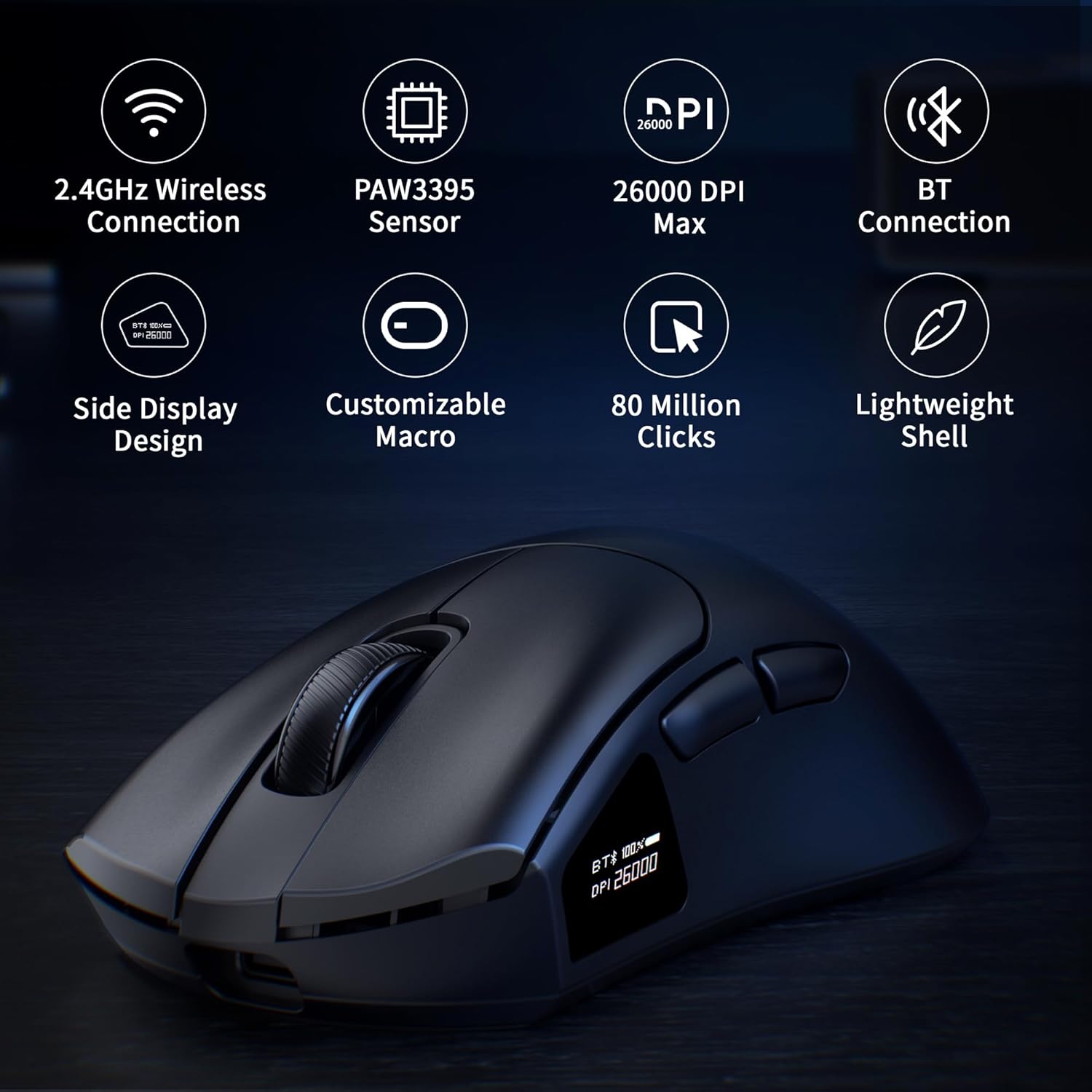 FFJ Wireless Gaming Mouse - 26000 DPI, Ultra-Lightweight Mouse Gaming with Screen Display, 3 Modes (2.4GHz/Bluetooth/Wired), 6 Programmable Buttons, Compatible with Mac, Laptop, PC (Black)-2