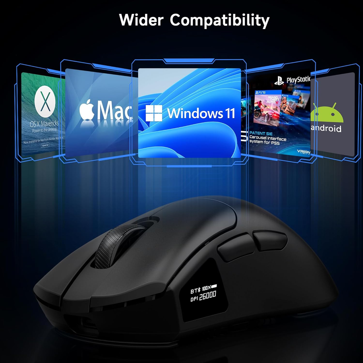 FFJ Wireless Gaming Mouse - 26000 DPI, Ultra-Lightweight Mouse Gaming with Screen Display, 3 Modes (2.4GHz/Bluetooth/Wired), 6 Programmable Buttons, Compatible with Mac, Laptop, PC (Black)-7