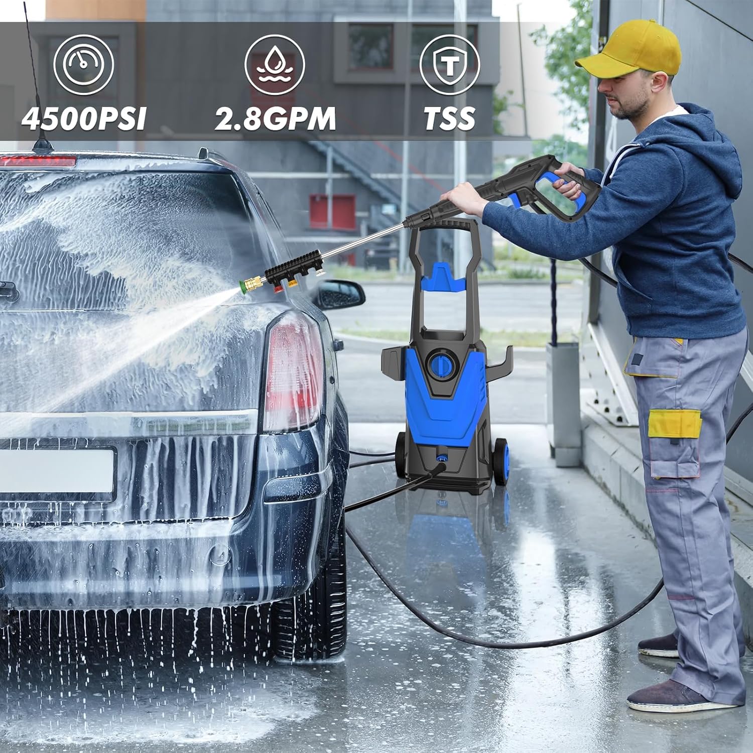 Electric Pressure Washer 4500 PSI 2.8 GPM Power Washer with 35FT Power Cord, 20FT Hose, 4 Quick Connect Nozzles, Foam Cannon, Hight Pressure Washer for Cars, Garden, Garage, Patios, Blue-1