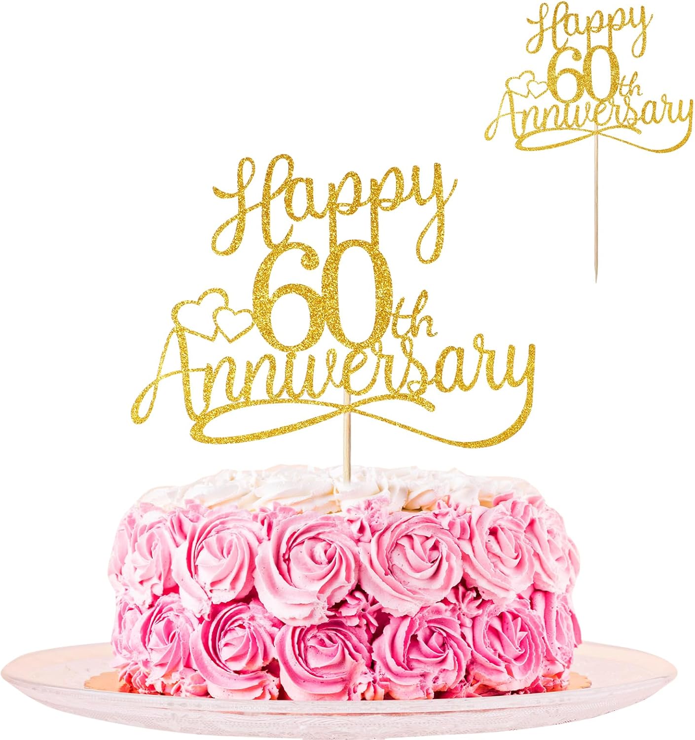 Sibba Happy 60th Anniversary Cake Toppers Golden Glitter Wedding Anniversary Party Decorations Frosting Card Picks Party Supplies Company Anniversary Pantry Staples Cooking Baking(60th Gold)-0