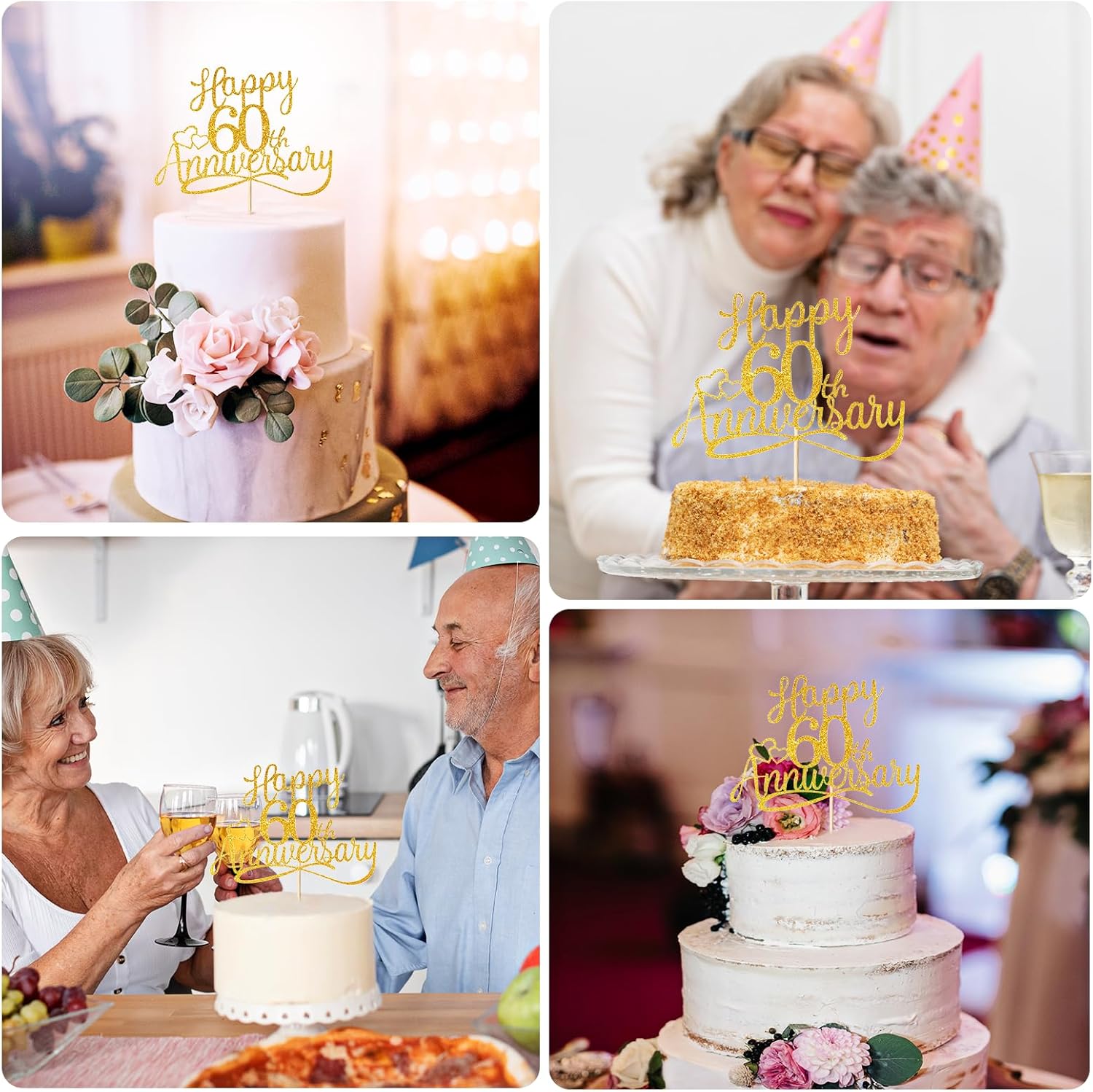 Sibba Happy 60th Anniversary Cake Toppers Golden Glitter Wedding Anniversary Party Decorations Frosting Card Picks Party Supplies Company Anniversary Pantry Staples Cooking Baking(60th Gold)-3