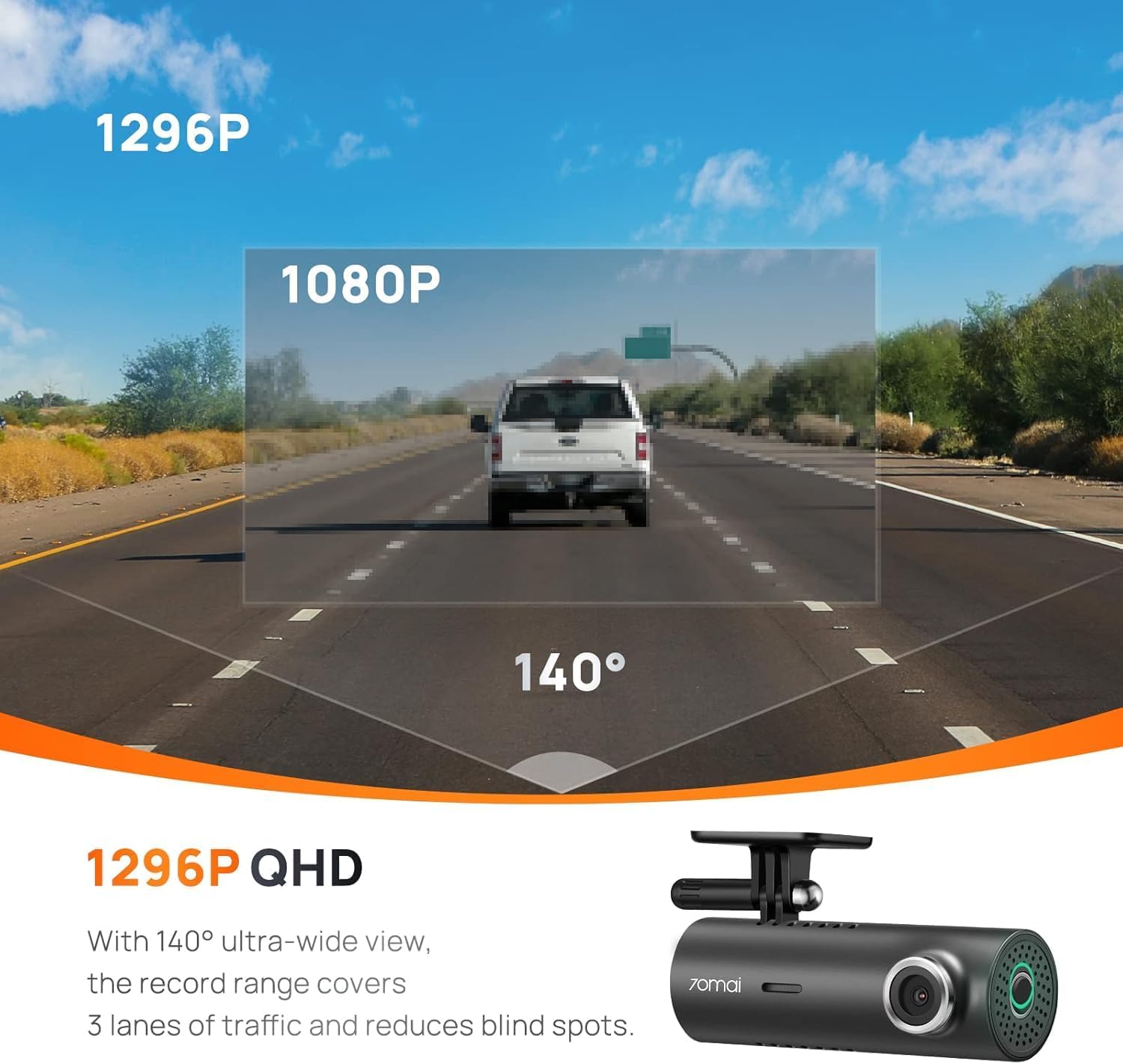 70mai Smart Dash Cam, 1296P QHD Dash Camera for Cars, Built in WiFi 140° Wide-Angle FOV, WDR, Night Vision, Loop Recording, Parking Monitor-1