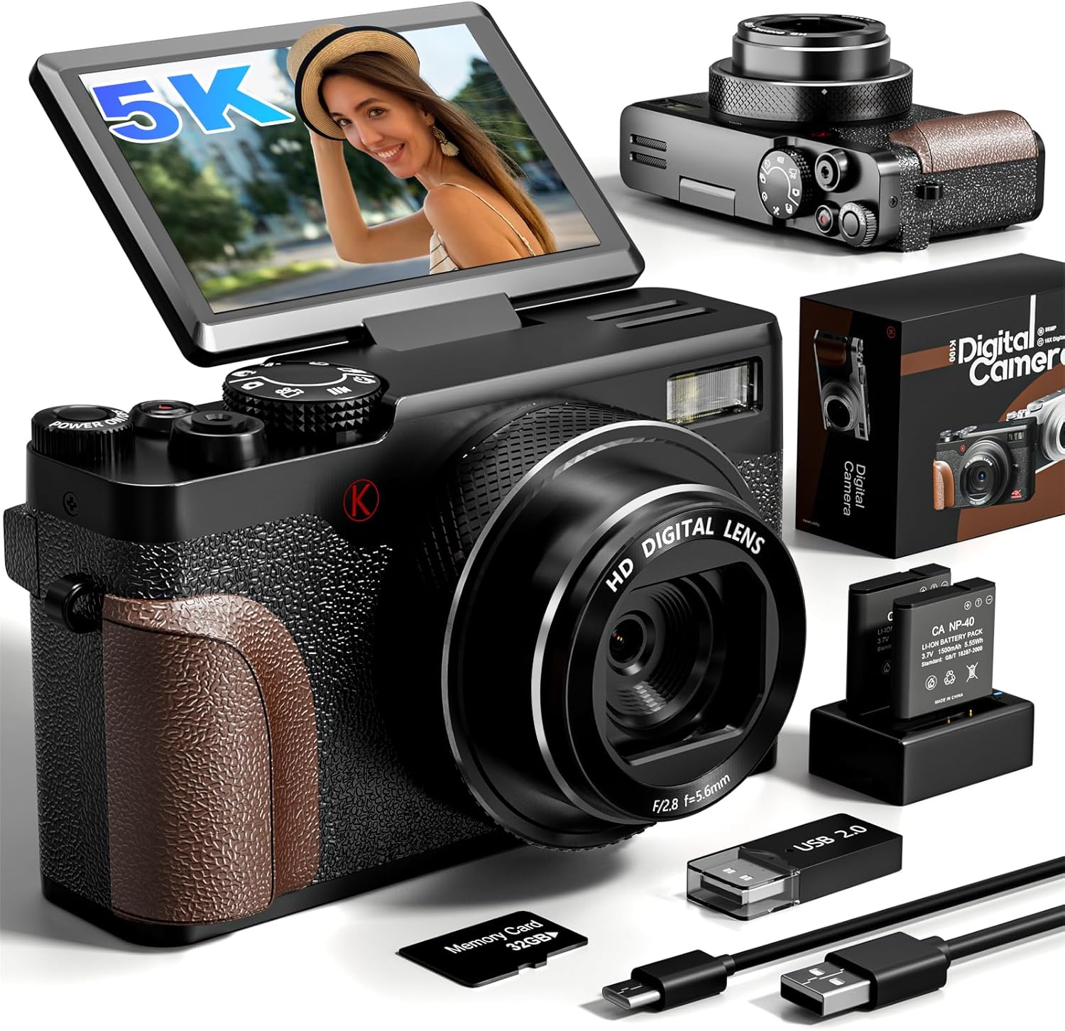 Digital Camera, 64MP Cameras for Photography, 5K Vlogging Camera for YouTube, 180°Flip Screen Digital Point and Shoot Camera with 18X Zoom, Compact Camera for Beginner with 32GB SD Card(2 Batteries)-0