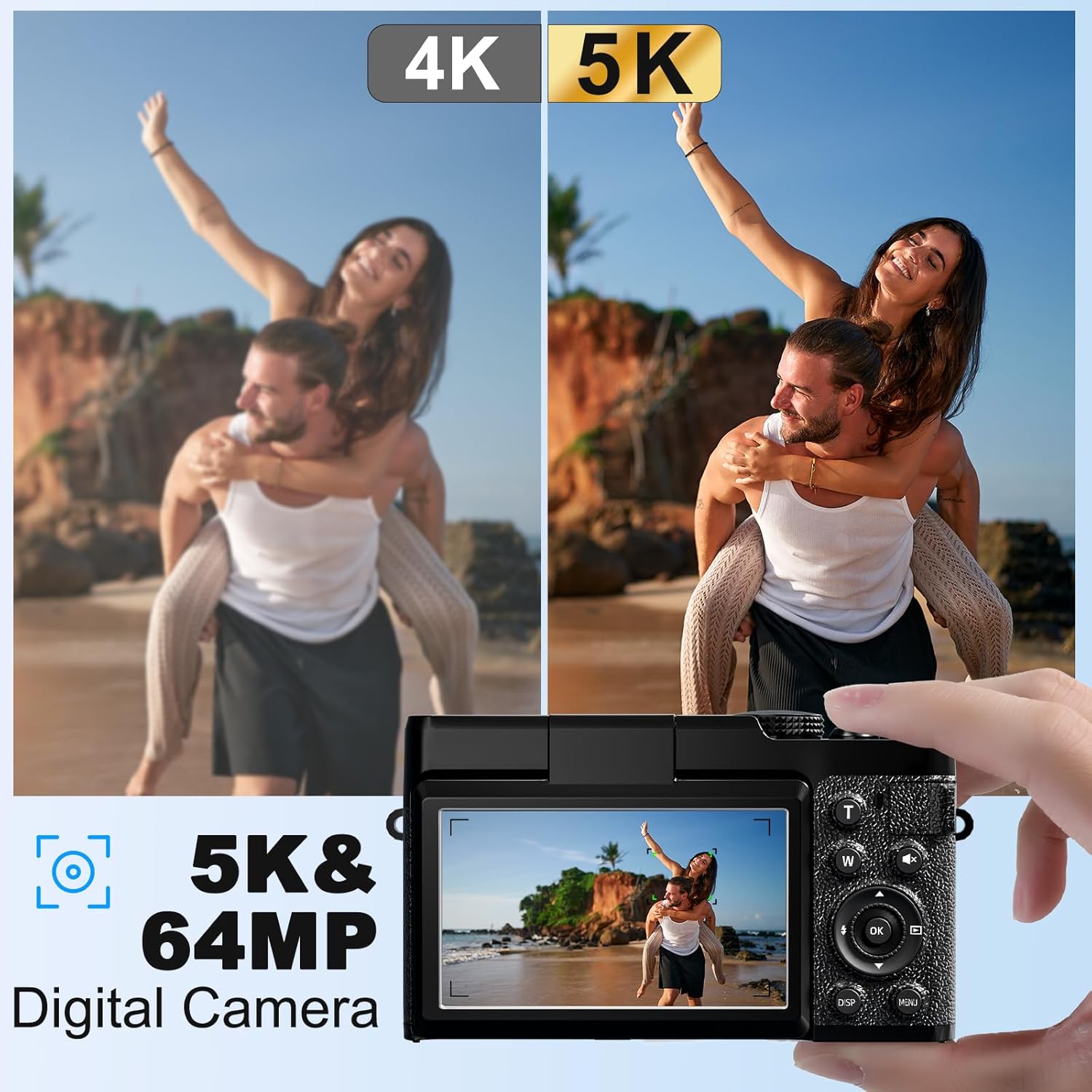 Digital Camera, 64MP Cameras for Photography, 5K Vlogging Camera for YouTube, 180°Flip Screen Digital Point and Shoot Camera with 18X Zoom, Compact Camera for Beginner with 32GB SD Card(2 Batteries)-1