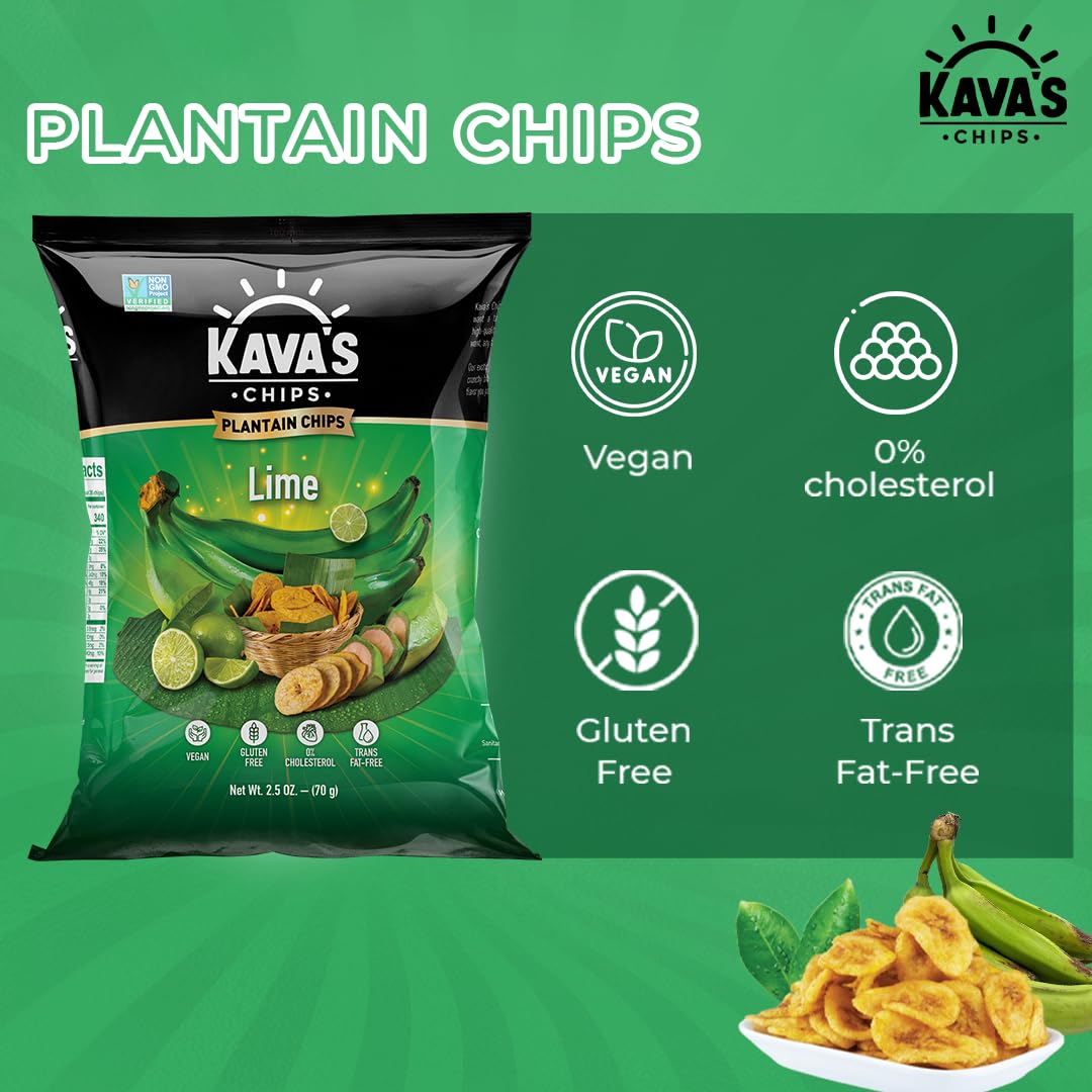 Kava's Plantain Chips Lime 2.5 Ounce (Pack of 8) - Lime Plantain Chips Individual Bags, Vegan & Gluten Free Lime Chips | Banana Plantain Chips Delicious & Healthy Snacks - Plantain Chips Bulk-1