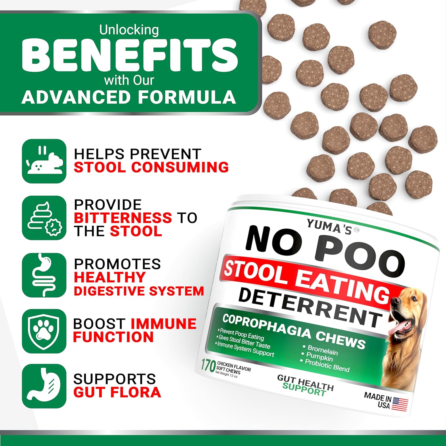 YUMA'S No Poo Chews for Dogs - 170 Ct - Coprophagia No Poop Eating Deterrent for Dogs - Prevent Dog from Eating Poop - Stop Eating Poop for Dogs - Probiotics & Digestive Enzymes Supplement-1