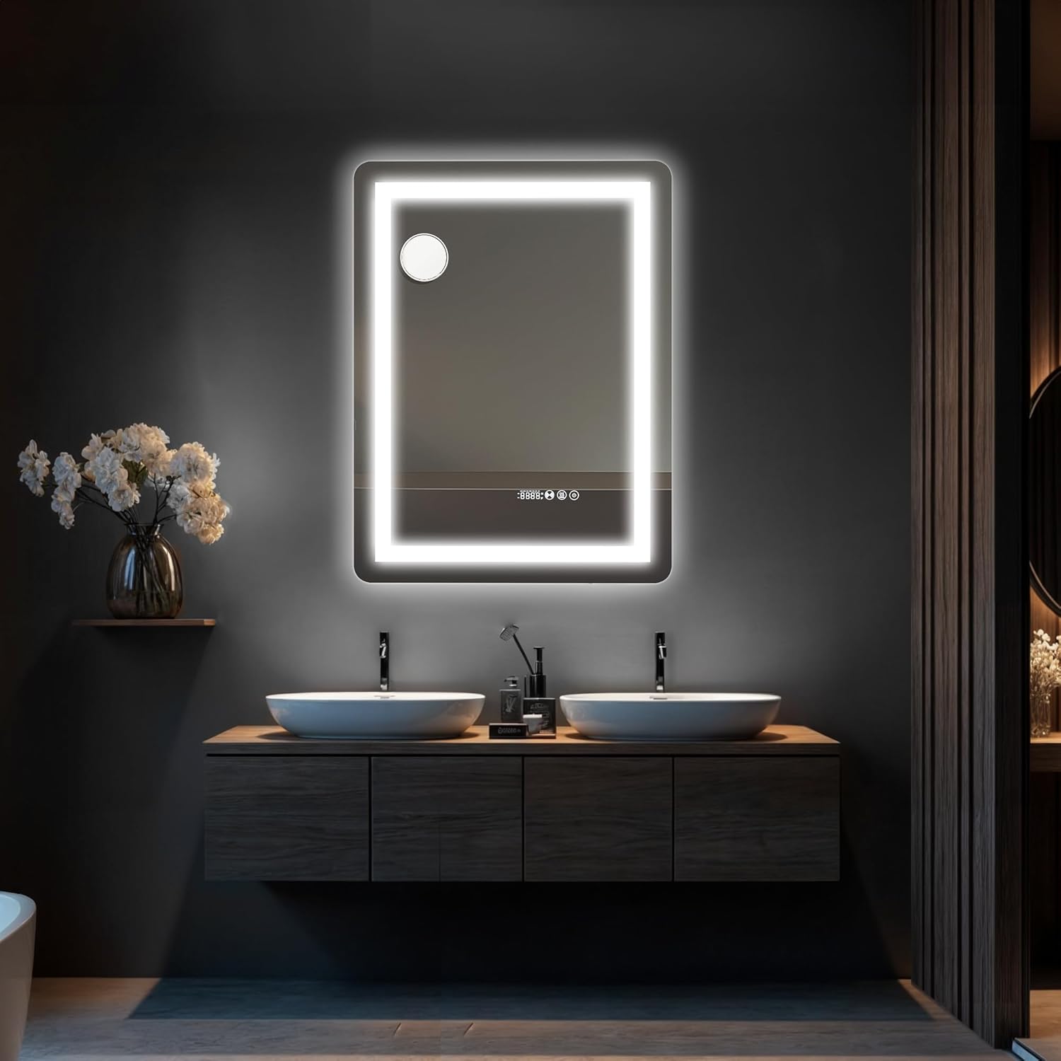 YITAHOME 24'' x 32'' Smart LED Bathroom Mirror, LED Mirror for Bathroom, with 10x Suction Glass, Infrared Sensing, 3 Colors Dimmable, Front and Backlit, Anti-Fog, 5mm Tempered Glass-1