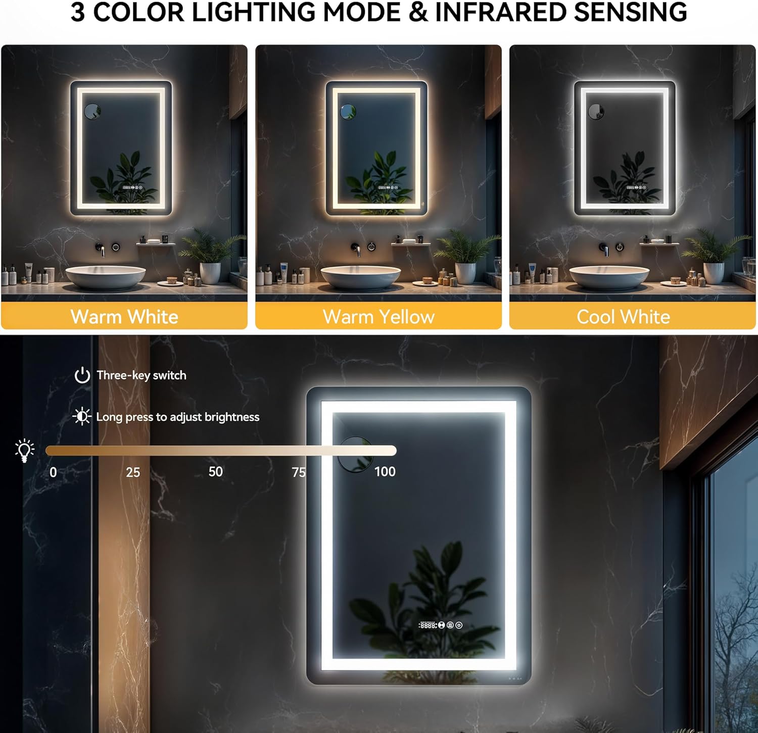 YITAHOME 24'' x 32'' Smart LED Bathroom Mirror, LED Mirror for Bathroom, with 10x Suction Glass, Infrared Sensing, 3 Colors Dimmable, Front and Backlit, Anti-Fog, 5mm Tempered Glass-4