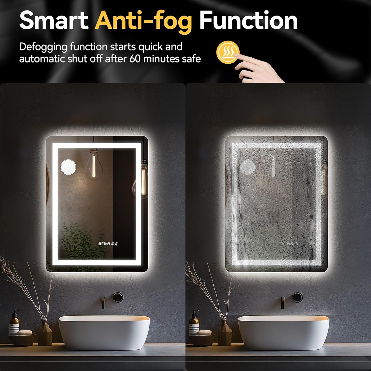 YITAHOME 24'' x 32'' Smart LED Bathroom Mirror, LED Mirror for Bathroom, with 10x Suction Glass, Infrared Sensing, 3 Colors Dimmable, Front and Backlit, Anti-Fog, 5mm Tempered Glass-5