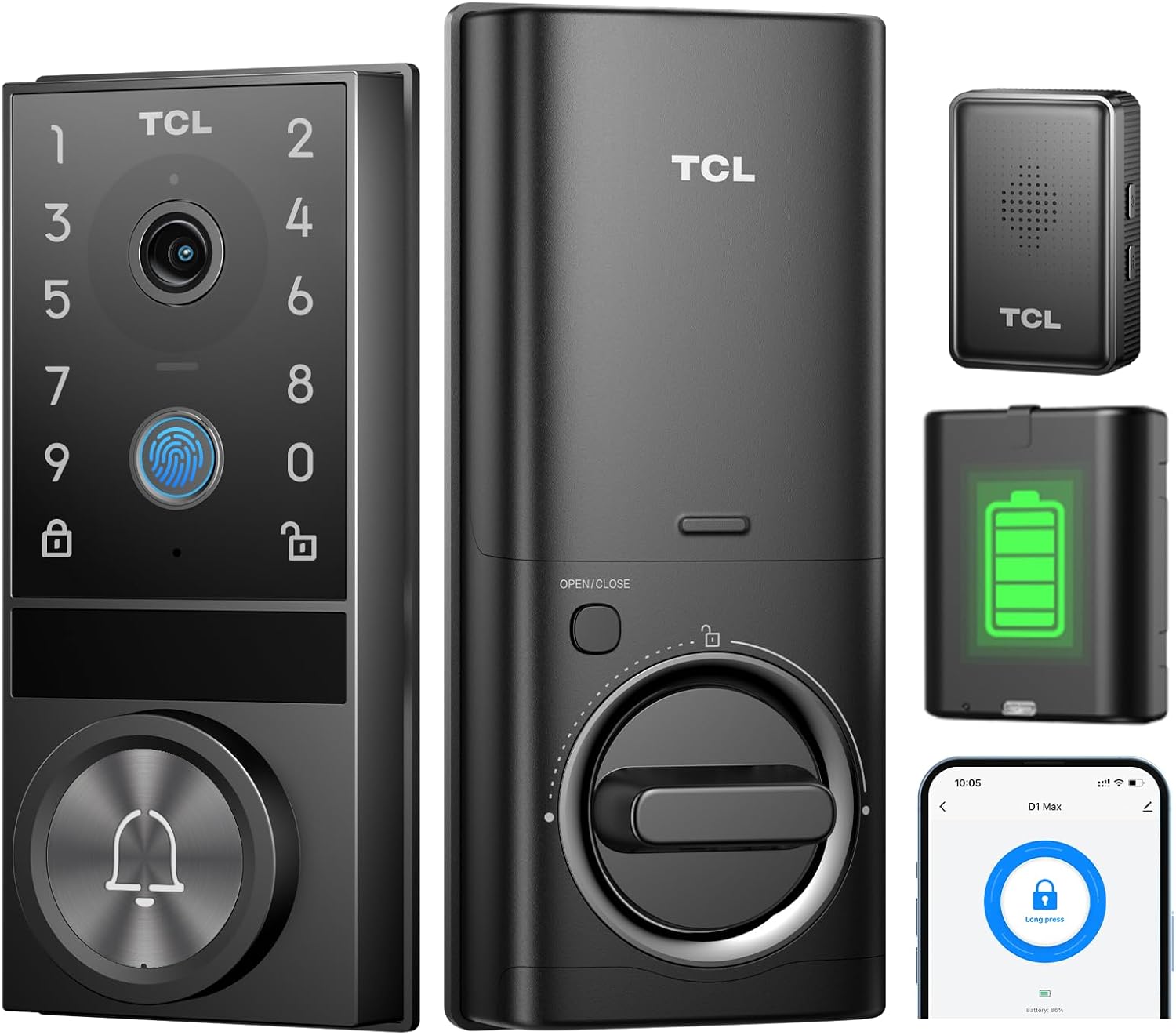 TCL D1 Max Security Video Smart Lock, 3-in-1 2K Camera, Doorbell & Fingerprint Keyless Entry Door Lock, WiFi Smart Door Lock with App Remote Control, PIR Motion Detection, Easy Installation, Auto Lock-0