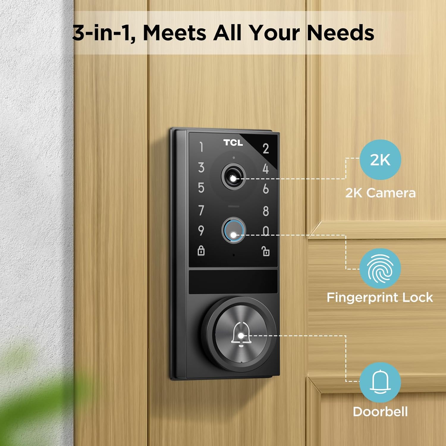 TCL D1 Max Security Video Smart Lock, 3-in-1 2K Camera, Doorbell & Fingerprint Keyless Entry Door Lock, WiFi Smart Door Lock with App Remote Control, PIR Motion Detection, Easy Installation, Auto Lock-1