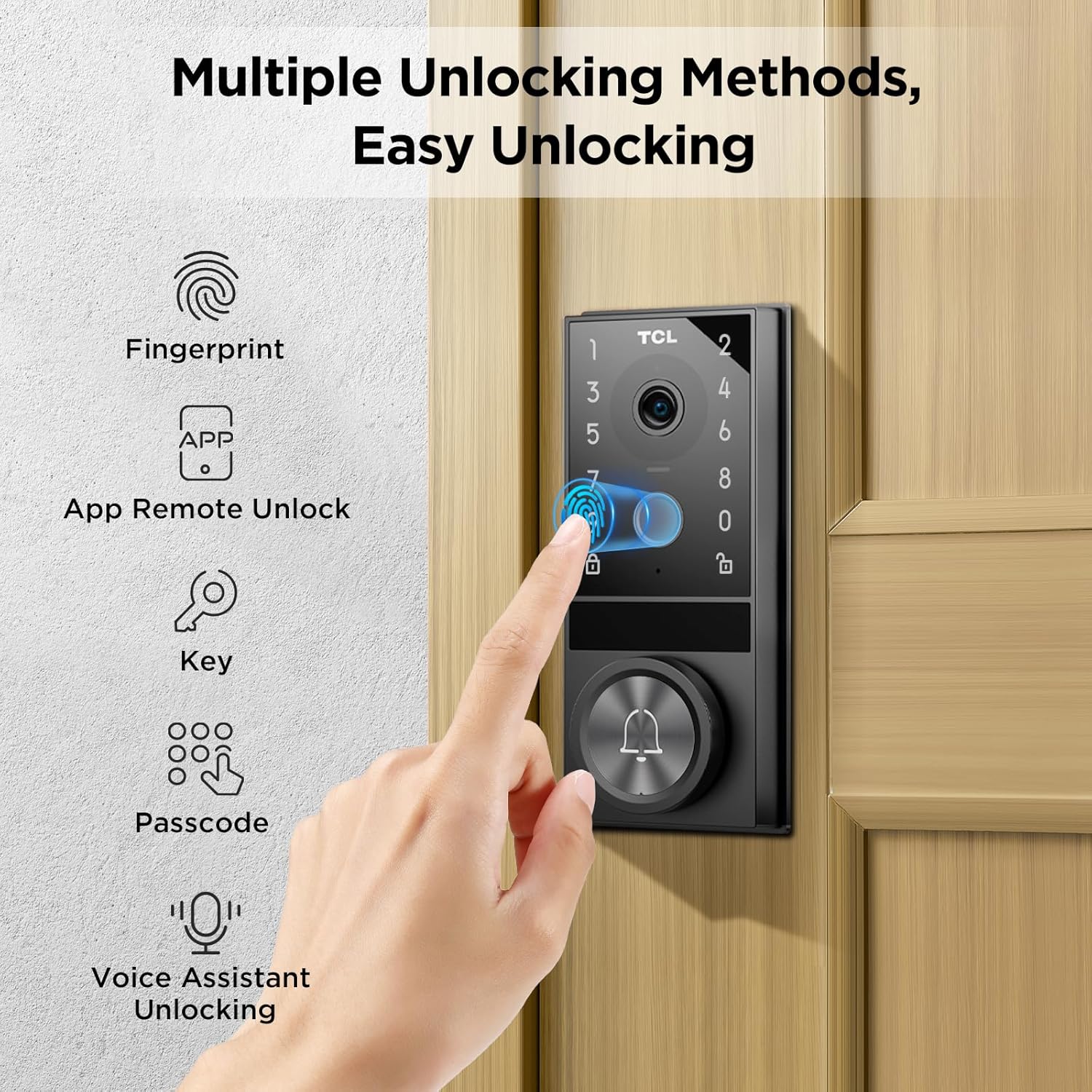 TCL D1 Max Security Video Smart Lock, 3-in-1 2K Camera, Doorbell & Fingerprint Keyless Entry Door Lock, WiFi Smart Door Lock with App Remote Control, PIR Motion Detection, Easy Installation, Auto Lock-2